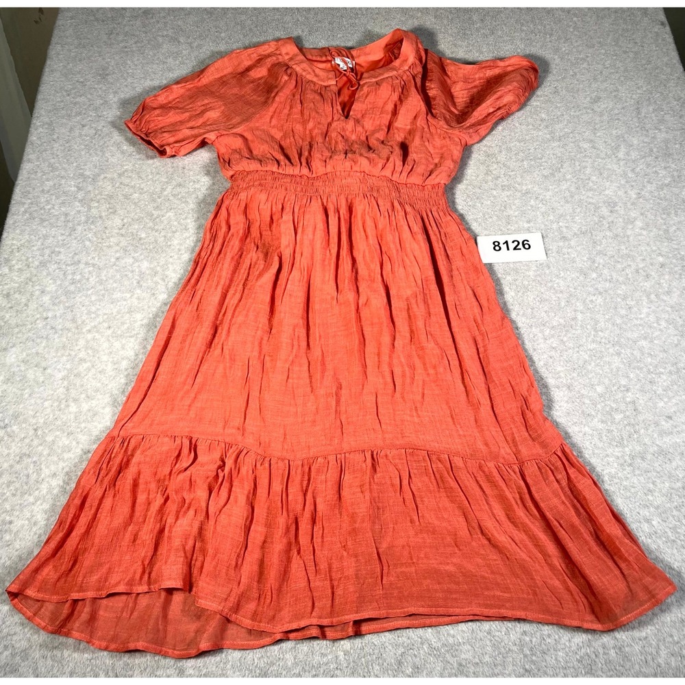 Luxology Fit & Flare Dress Womens Medium Orange Rayon Tiered Pleated Round Neck